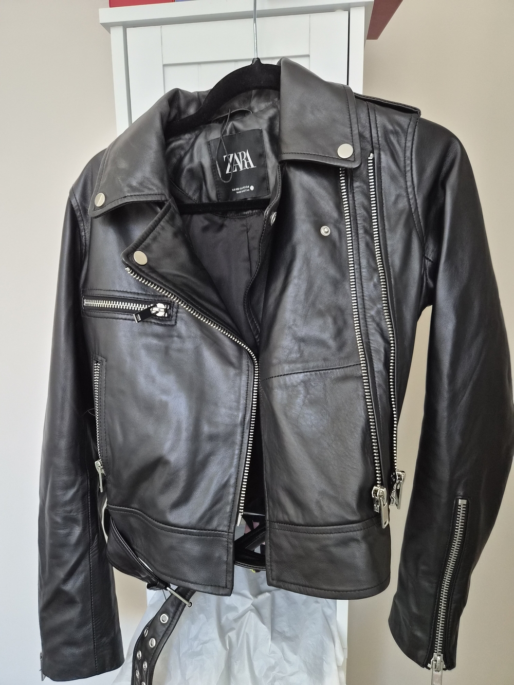 Zara Black Leather Moto Biker Jacket with Silver Hardware Size Xs Fits US2/4
